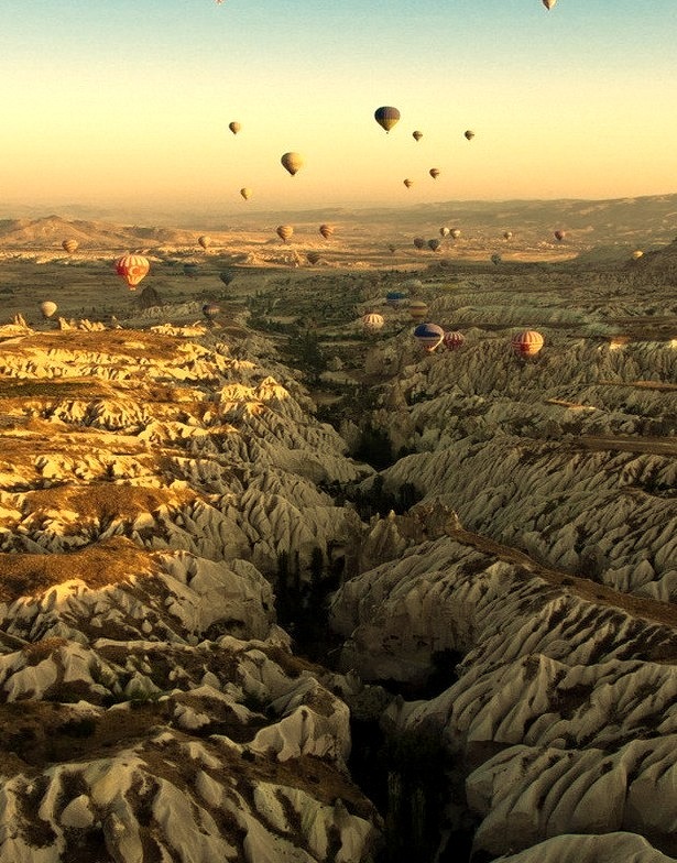 View of the Rose Valley in Cappadocia at sunrise, Turkey