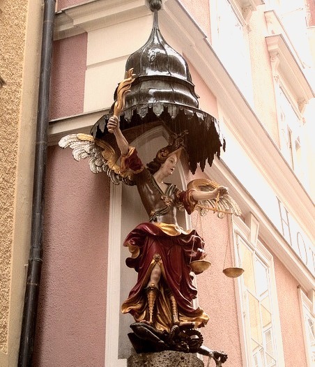 Corner sculpture on Hotel Altstadt in Salzburg, Austria