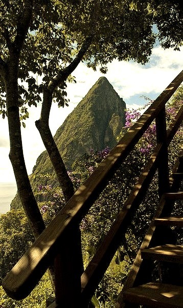 Wooden Stairway and Petit Piton in St. Lucia Island