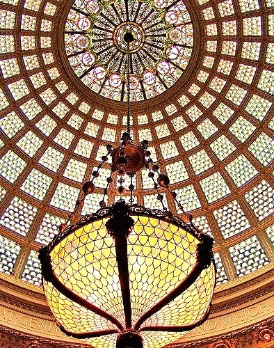 Tiffany Dome details inside Chicago Cultural Center, USA